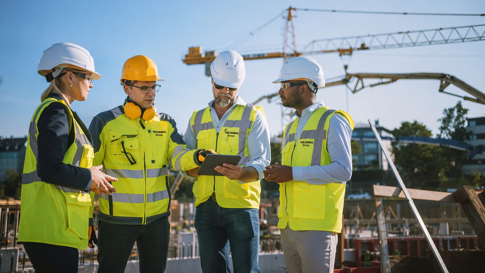 Site team in high-visibility clothing reviewing information together