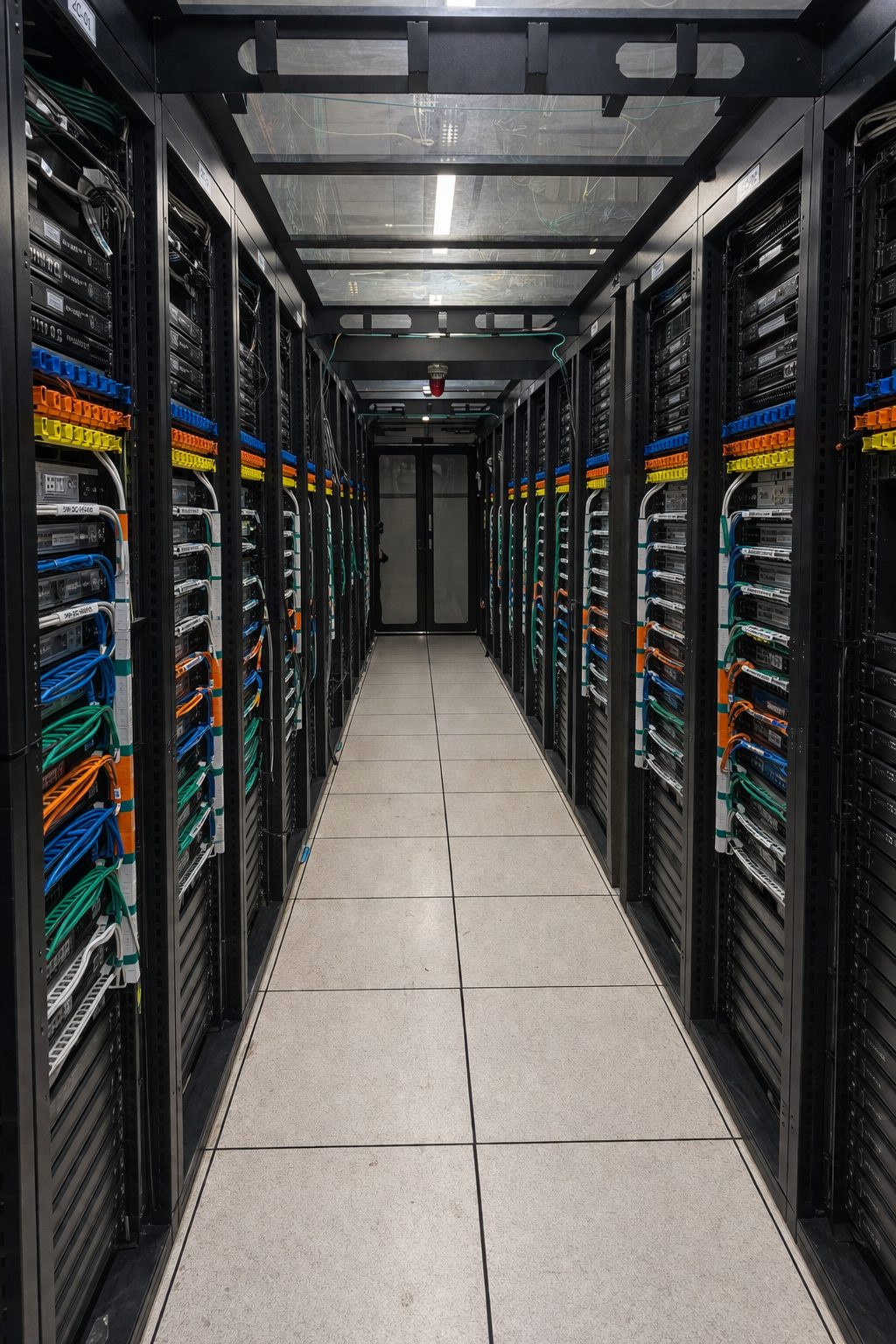 Cold aisle between cabinet rows in a data hall